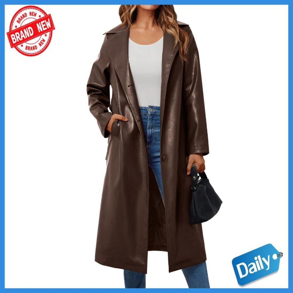 Faux Leather Trench Coat with Belt, Long Sleeve, Open Front, Knee Length